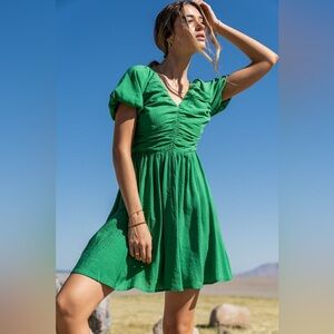 bohme Green Ruched V‑Neck Mini Dress